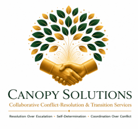 Canopy Solutions logo showing two hands shaking beneath a stylized tree representing collaboration and growth.